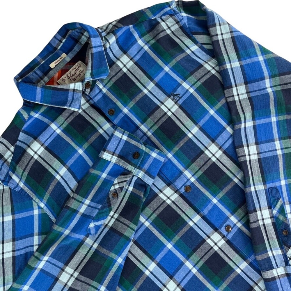 Original Penguin Button Down Shirt Mens Large Blue Plaid Classic Fit Cotton